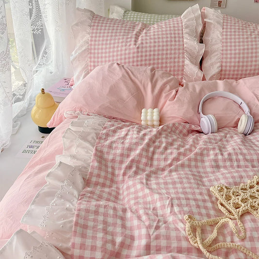 3 Piece Sheet Set pink plaid duvet cover Set , comfortable Bedding Set Bedspread for All Season