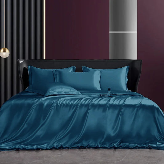 Solid 4pcs Silk Bedding Set with Duvet Cover Fitted/Flat Bed Sheet Pillowcase Bedspreads and Coverlets Single Double Bedsheet