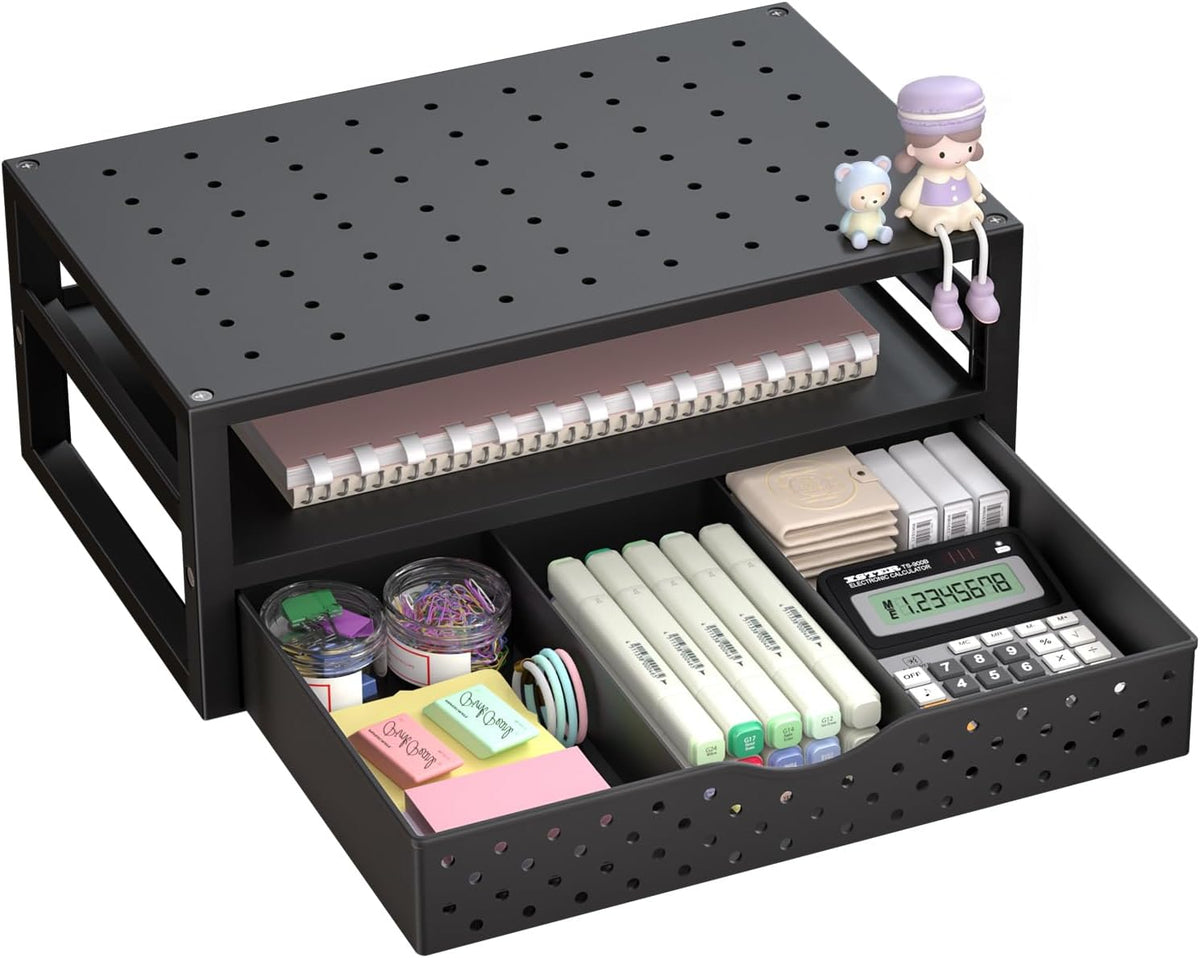 WALI Desk File Organizer, 4 Tier Desktop Paper Letter Tray Organizer with Drawer and 2 Pen Holders, Office Desk Accessories & Workspace Organizers for Office, Home Supplies(DO005DH-B), 1 Pack, Black