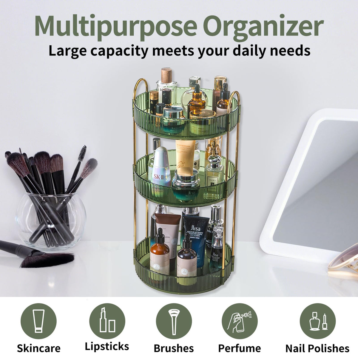 Asayuee 360 Rotating Makeup Organizer for Vanity,2 Tier Large Capacity Skincare Organizers,Bathroom Counter Organizer, Spinning Perfume Organizer & Vanity Organizer (Green-2 Tier)