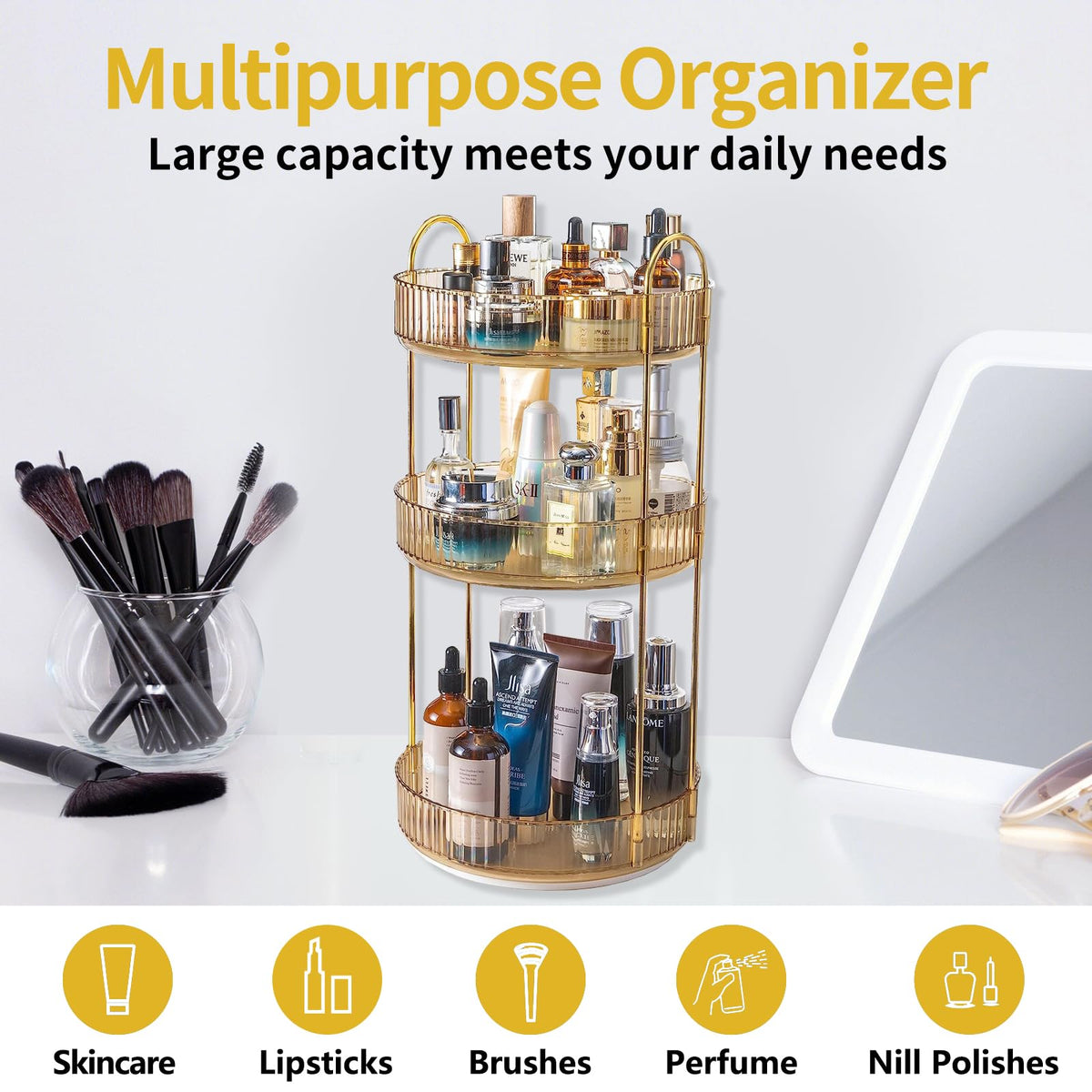 Asayuee 360 Rotating Makeup Organizer for Vanity,2 Tier Large Capacity Skincare Organizers,Bathroom Counter Organizer, Spinning Perfume Organizer & Vanity Organizer (Green-2 Tier)