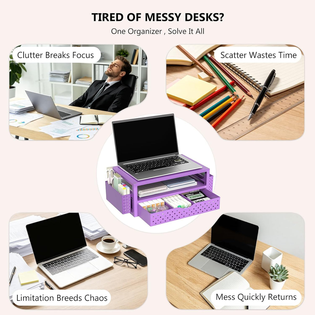 WALI Desk File Organizer, 4 Tier Desktop Paper Letter Tray Organizer with Drawer and 2 Pen Holders, Office Desk Accessories & Workspace Organizers for Office, Home Supplies(DO005DH-B), 1 Pack, Black