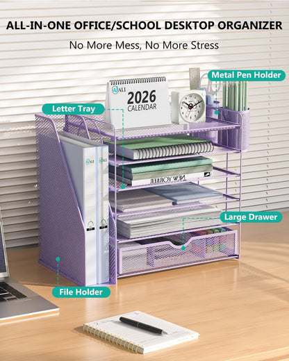 WALI Desk File Organizer, 4 Tier Desktop Paper Letter Tray Organizer with Drawer and 2 Pen Holders, Office Desk Accessories & Workspace Organizers for Office, Home Supplies(DO005DH-B), 1 Pack, Black