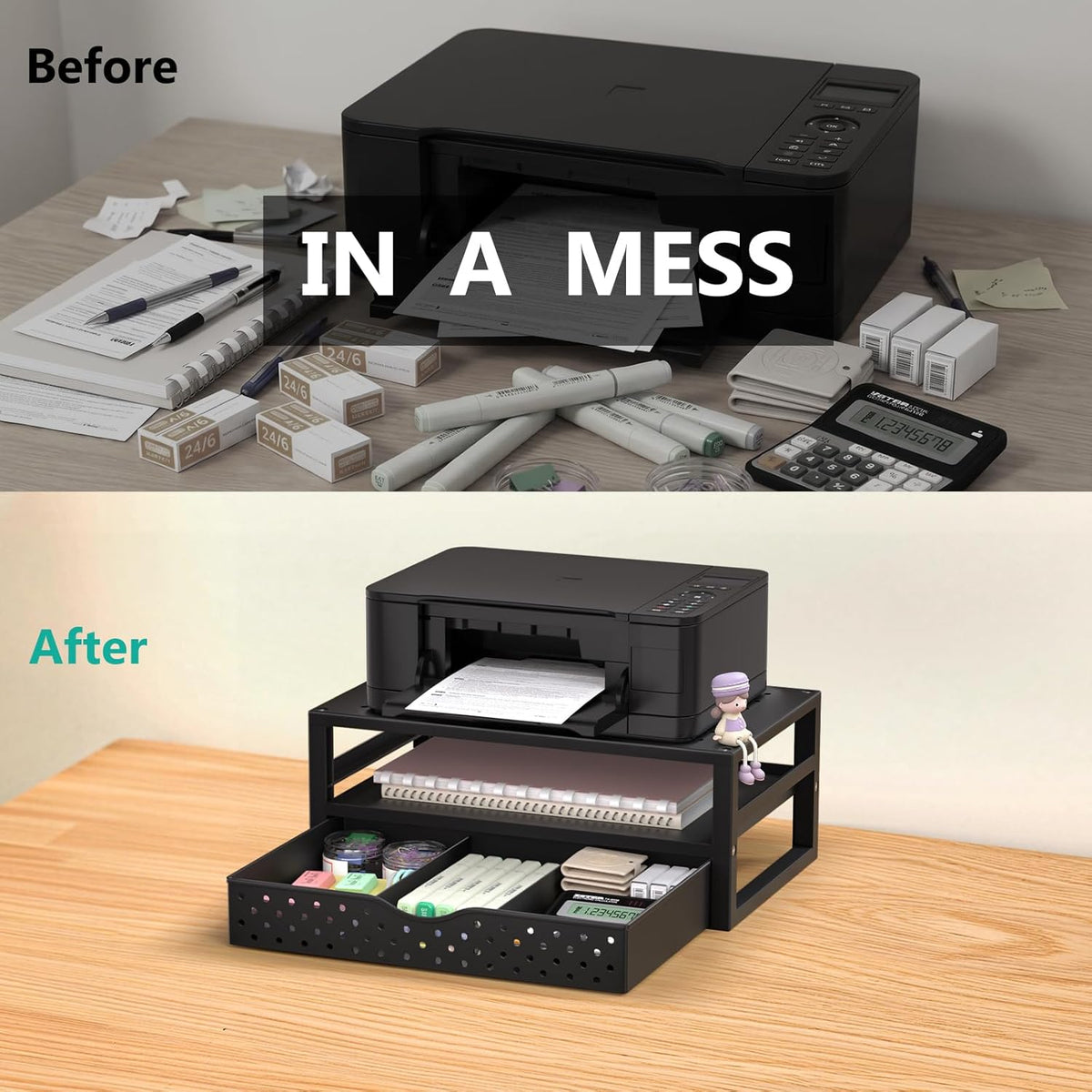 WALI Desk File Organizer, 4 Tier Desktop Paper Letter Tray Organizer with Drawer and 2 Pen Holders, Office Desk Accessories & Workspace Organizers for Office, Home Supplies(DO005DH-B), 1 Pack, Black