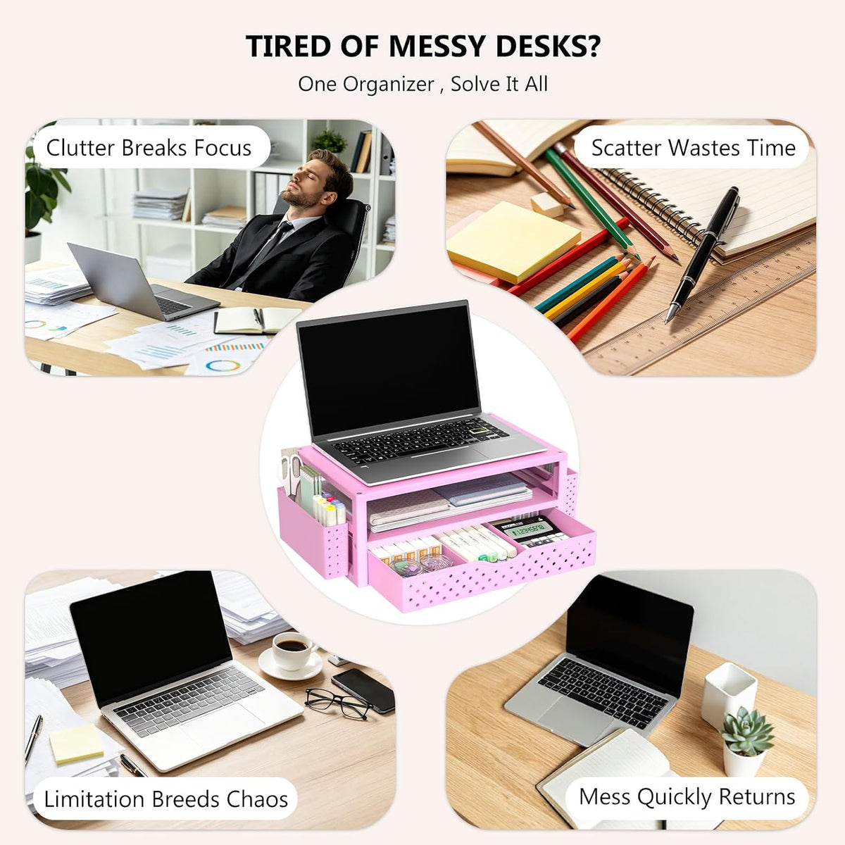 WALI Desk File Organizer, 4 Tier Desktop Paper Letter Tray Organizer with Drawer and 2 Pen Holders, Office Desk Accessories & Workspace Organizers for Office, Home Supplies(DO005DH-B), 1 Pack, Black