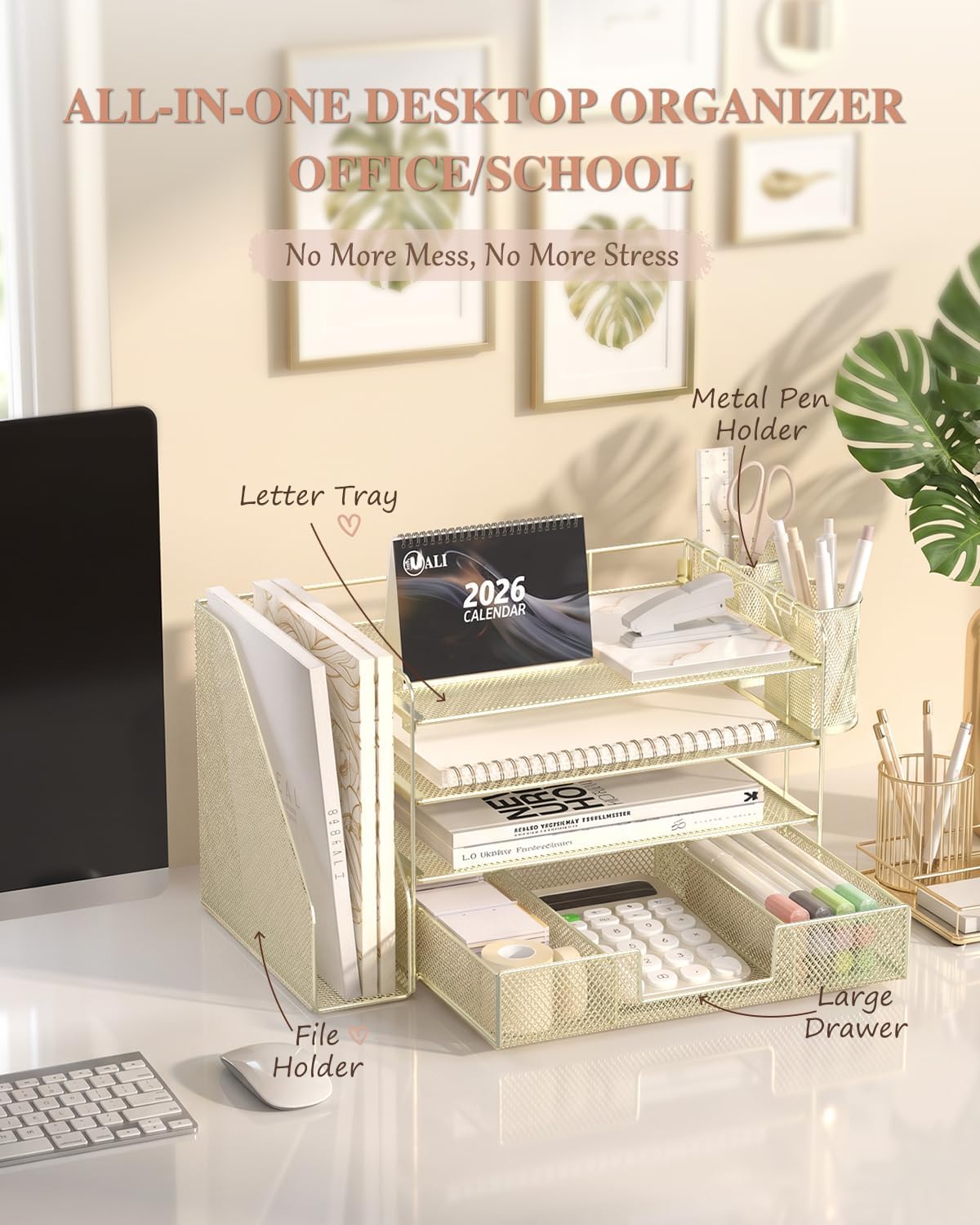 WALI Desk File Organizer, 4 Tier Desktop Paper Letter Tray Organizer with Drawer and 2 Pen Holders, Office Desk Accessories & Workspace Organizers for Office, Home Supplies(DO005DH-B), 1 Pack, Black