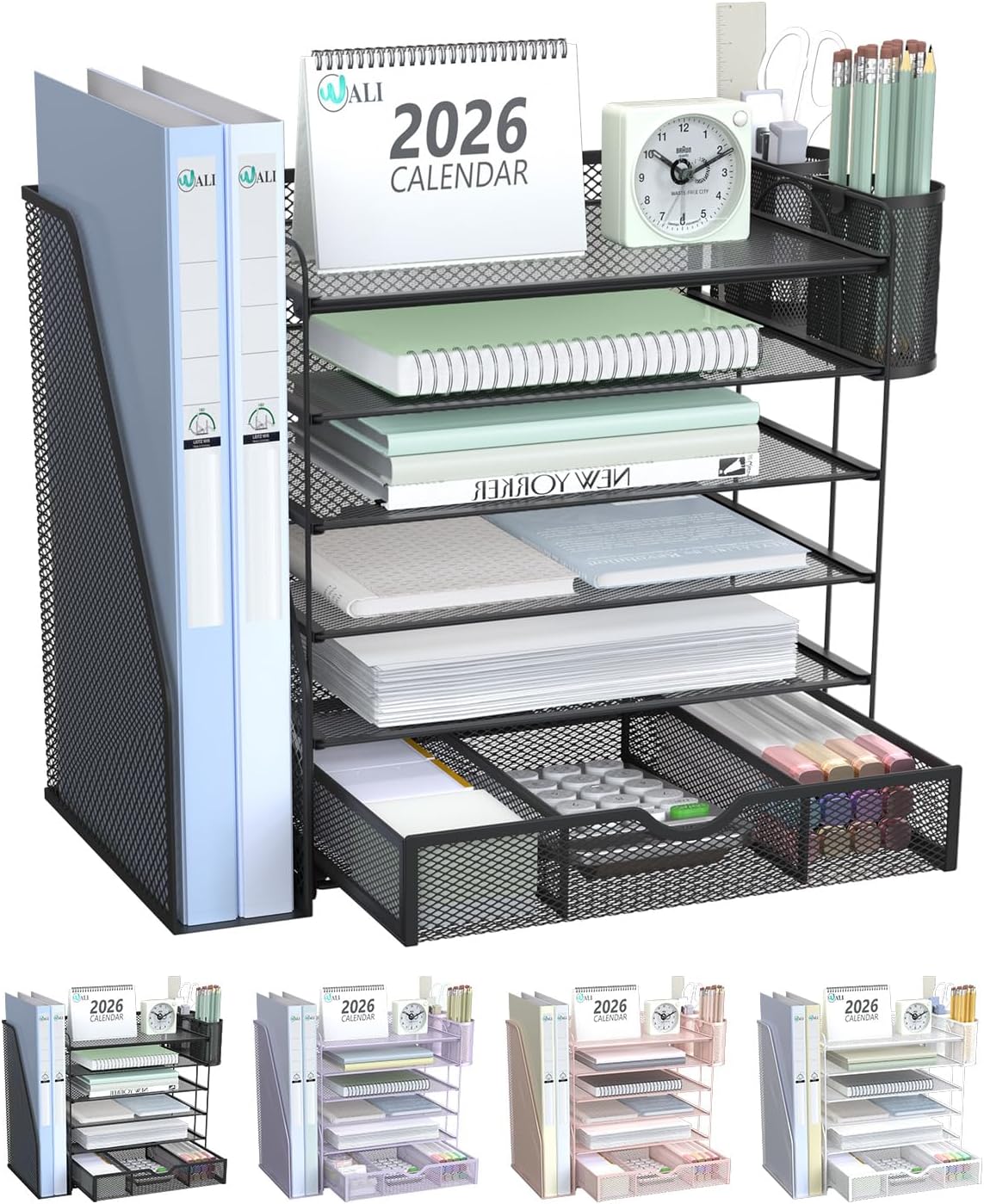 WALI Desk File Organizer, 4 Tier Desktop Paper Letter Tray Organizer with Drawer and 2 Pen Holders, Office Desk Accessories & Workspace Organizers for Office, Home Supplies(DO005DH-B), 1 Pack, Black