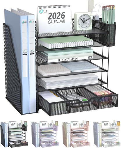 WALI Desk File Organizer, 4 Tier Desktop Paper Letter Tray Organizer with Drawer and 2 Pen Holders, Office Desk Accessories & Workspace Organizers for Office, Home Supplies(DO005DH-B), 1 Pack, Black