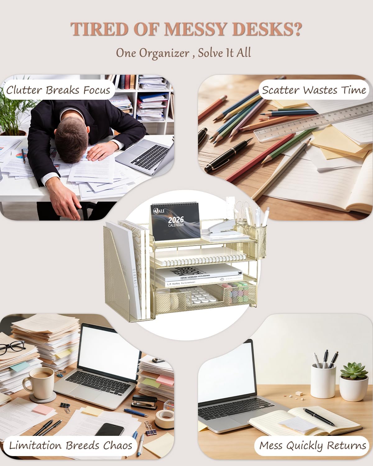 WALI Desk File Organizer, 4 Tier Desktop Paper Letter Tray Organizer with Drawer and 2 Pen Holders, Office Desk Accessories & Workspace Organizers for Office, Home Supplies(DO005DH-B), 1 Pack, Black