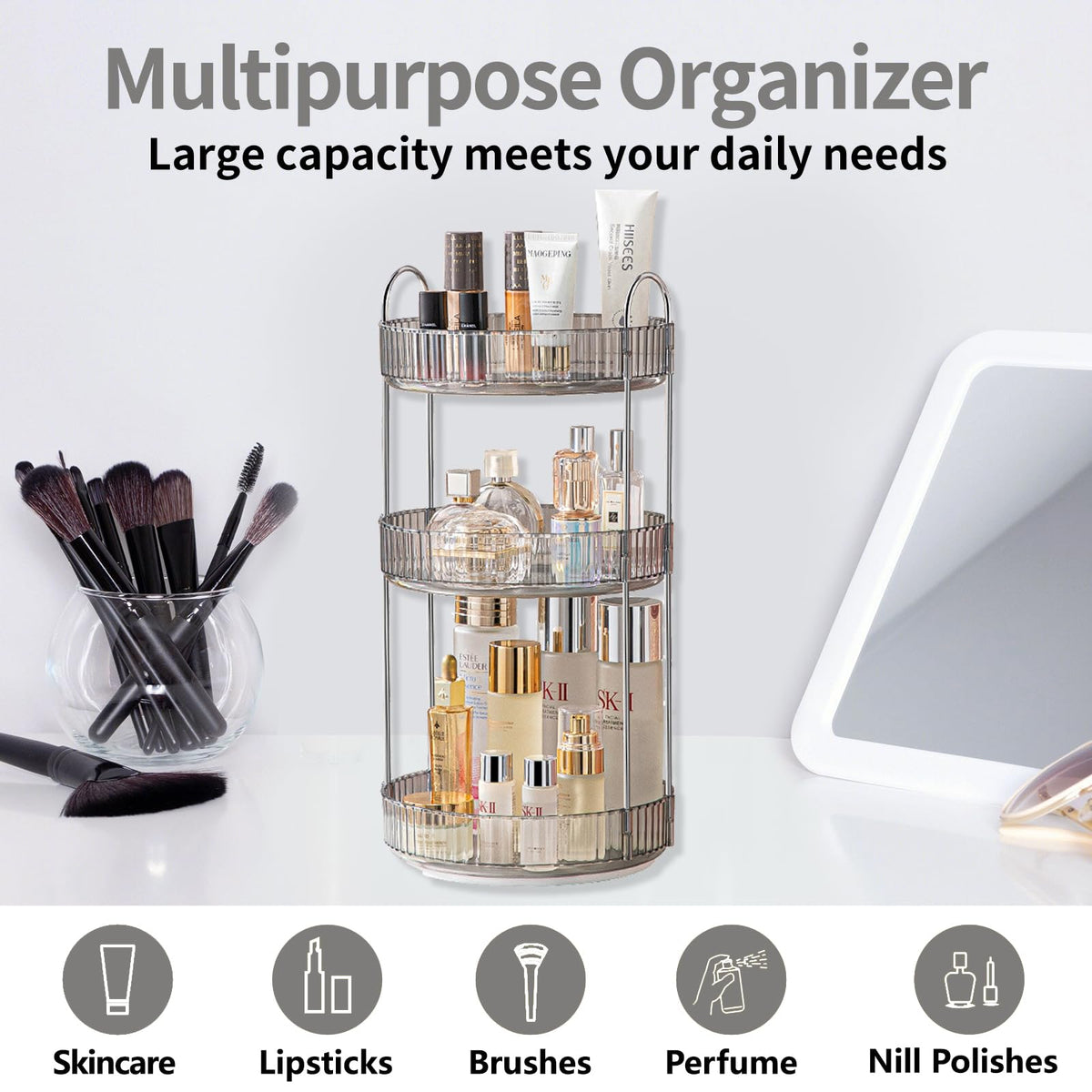 Asayuee 360 Rotating Makeup Organizer for Vanity,2 Tier Large Capacity Skincare Organizers,Bathroom Counter Organizer, Spinning Perfume Organizer & Vanity Organizer (Green-2 Tier)