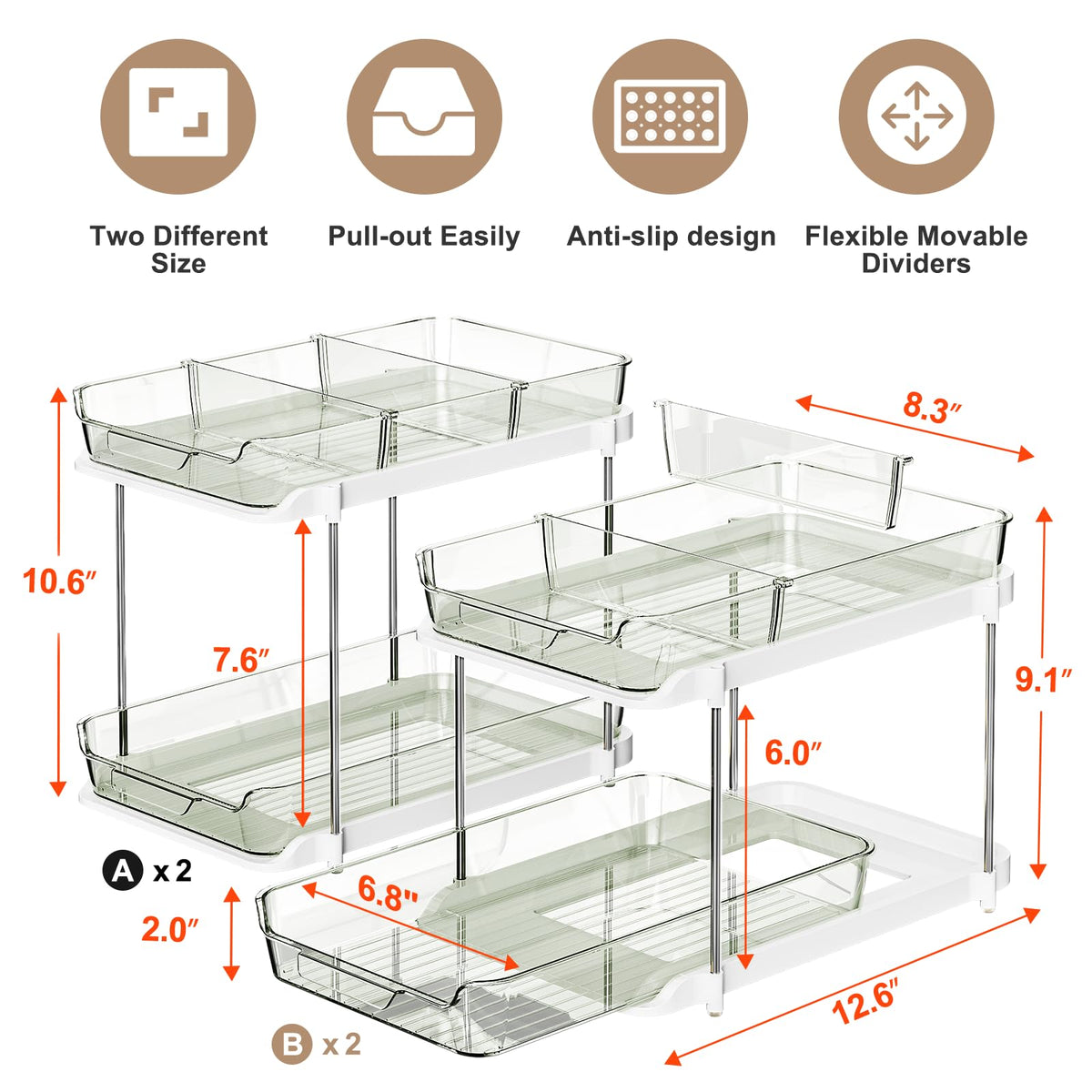 Delamu 2-Tier Multi-Purpose Bathroom Under Sink Organizers and Storage, Stackable Kitchen Pantry Organization, Pull Out Medicine Cabinet Organizer with Movable Dividers, White, 2 Pack