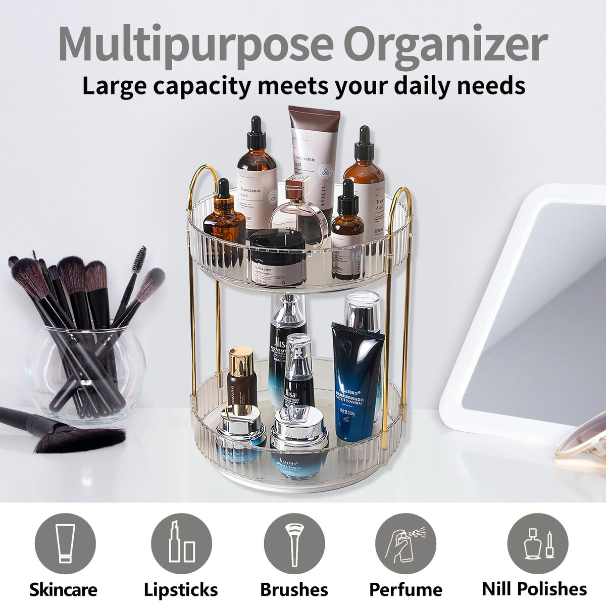 Asayuee 360 Rotating Makeup Organizer for Vanity,2 Tier Large Capacity Skincare Organizers,Bathroom Counter Organizer, Spinning Perfume Organizer & Vanity Organizer (Green-2 Tier)