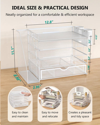 WALI Desk File Organizer, 4 Tier Desktop Paper Letter Tray Organizer with Drawer and 2 Pen Holders, Office Desk Accessories & Workspace Organizers for Office, Home Supplies(DO005DH-B), 1 Pack, Black