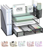WALI Desk File Organizer, 4 Tier Desktop Paper Letter Tray Organizer with Drawer and 2 Pen Holders, Office Desk Accessories & Workspace Organizers for Office, Home Supplies(DO005DH-B), 1 Pack, Black