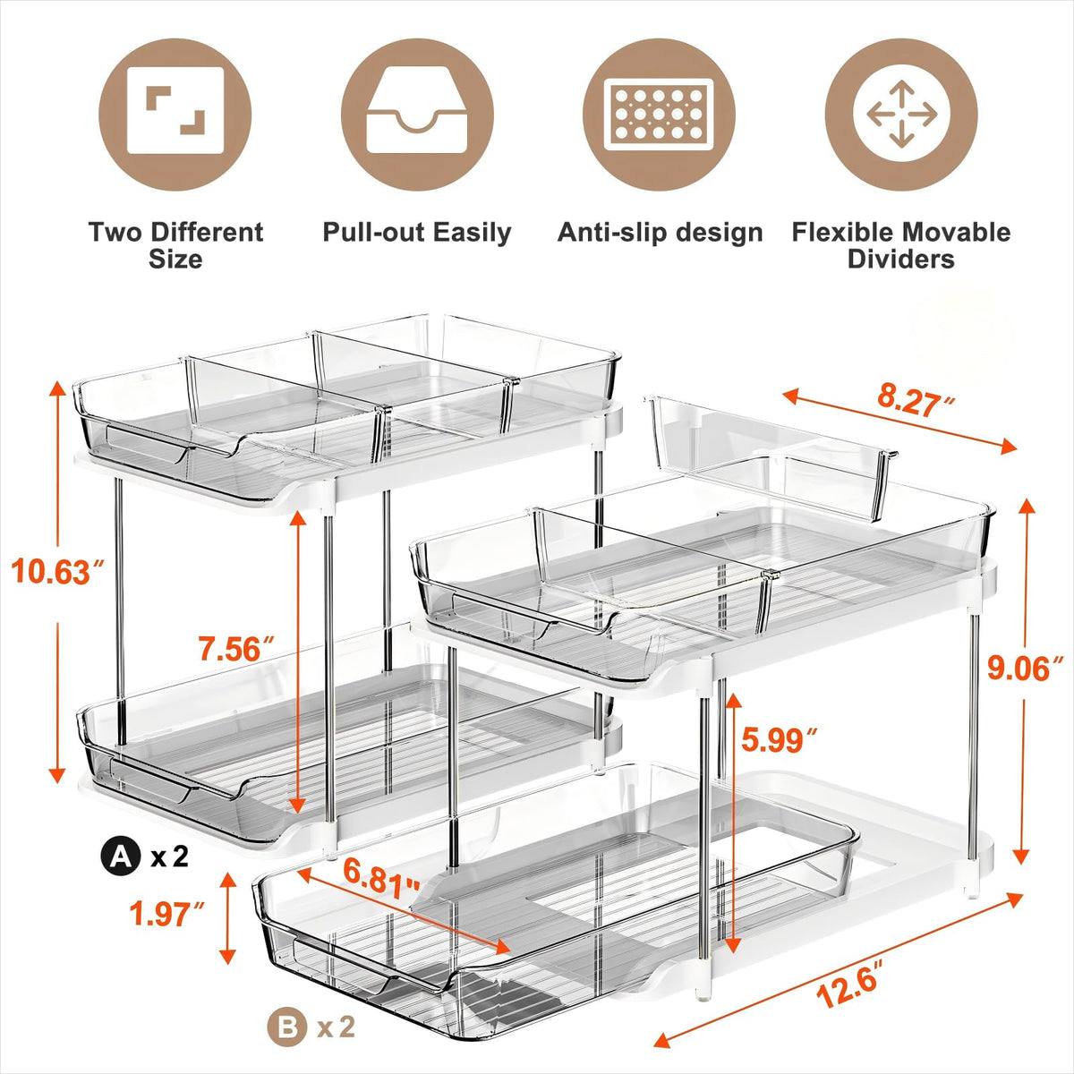 Delamu 2-Tier Multi-Purpose Bathroom Under Sink Organizers and Storage, Stackable Kitchen Pantry Organization, Pull Out Medicine Cabinet Organizer with Movable Dividers, White, 2 Pack