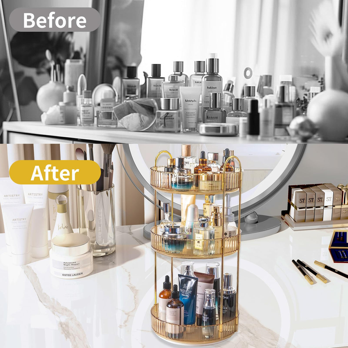 Asayuee 360 Rotating Makeup Organizer for Vanity,2 Tier Large Capacity Skincare Organizers,Bathroom Counter Organizer, Spinning Perfume Organizer & Vanity Organizer (Green-2 Tier)