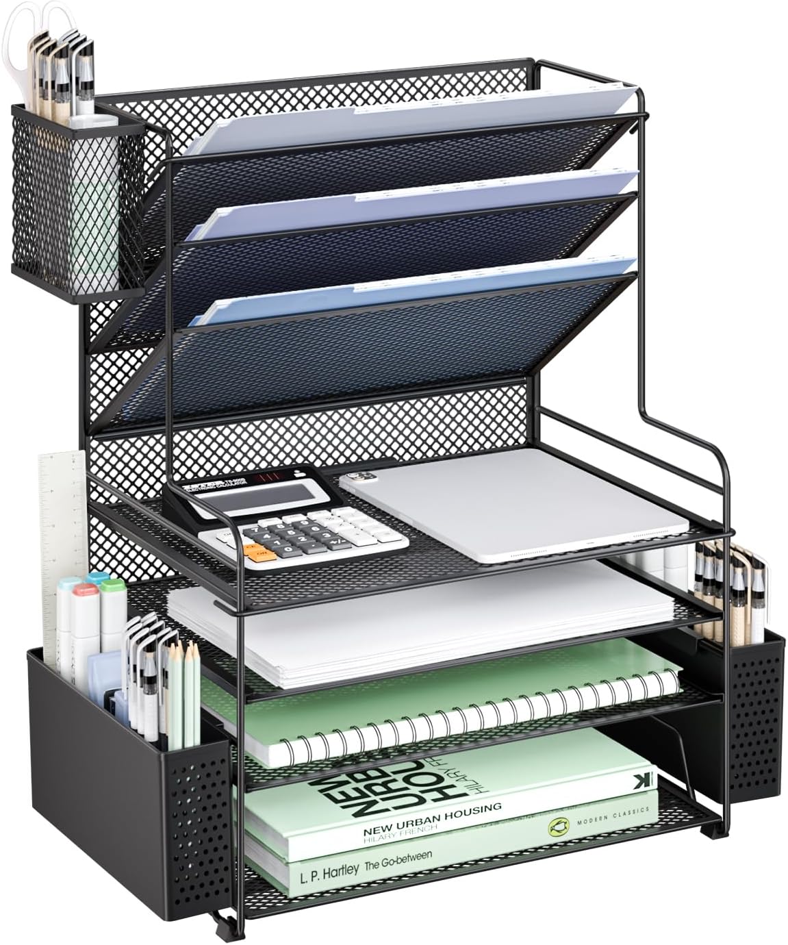 WALI Desk File Organizer, 4 Tier Desktop Paper Letter Tray Organizer with Drawer and 2 Pen Holders, Office Desk Accessories & Workspace Organizers for Office, Home Supplies(DO005DH-B), 1 Pack, Black