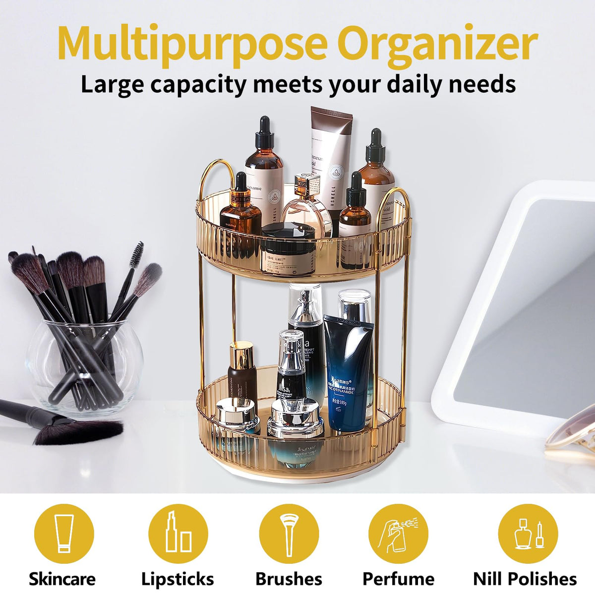 Asayuee 360 Rotating Makeup Organizer for Vanity,2 Tier Large Capacity Skincare Organizers,Bathroom Counter Organizer, Spinning Perfume Organizer & Vanity Organizer (Green-2 Tier)