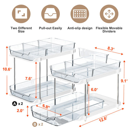 Delamu 2-Tier Multi-Purpose Bathroom Under Sink Organizers and Storage, Stackable Kitchen Pantry Organization, Pull Out Medicine Cabinet Organizer with Movable Dividers, White, 2 Pack