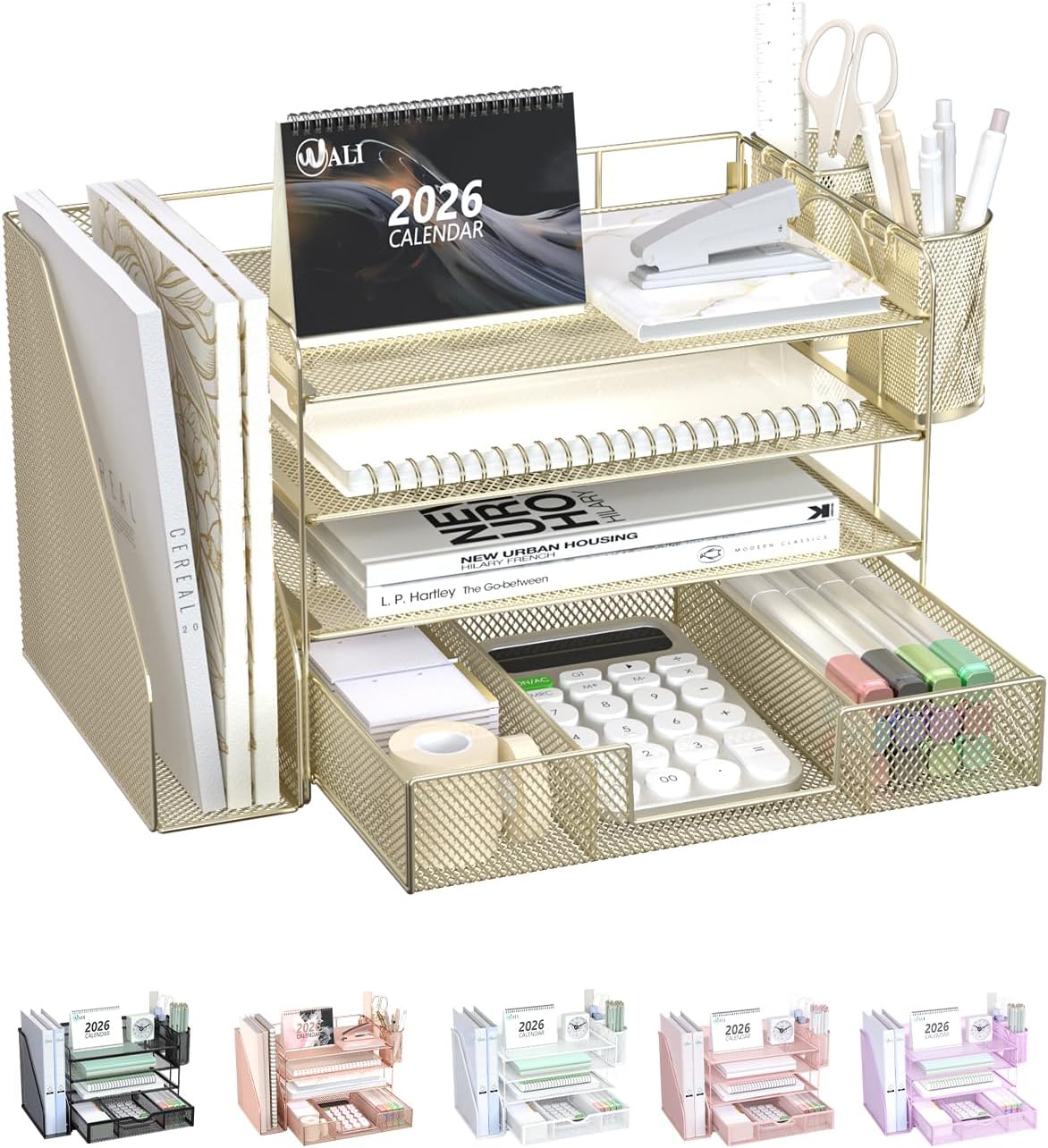 WALI Desk File Organizer, 4 Tier Desktop Paper Letter Tray Organizer with Drawer and 2 Pen Holders, Office Desk Accessories & Workspace Organizers for Office, Home Supplies(DO005DH-B), 1 Pack, Black