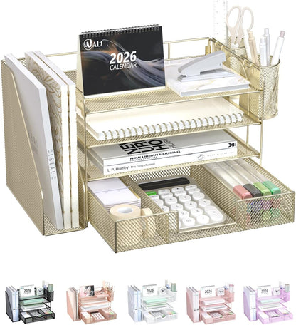 WALI Desk File Organizer, 4 Tier Desktop Paper Letter Tray Organizer with Drawer and 2 Pen Holders, Office Desk Accessories & Workspace Organizers for Office, Home Supplies(DO005DH-B), 1 Pack, Black