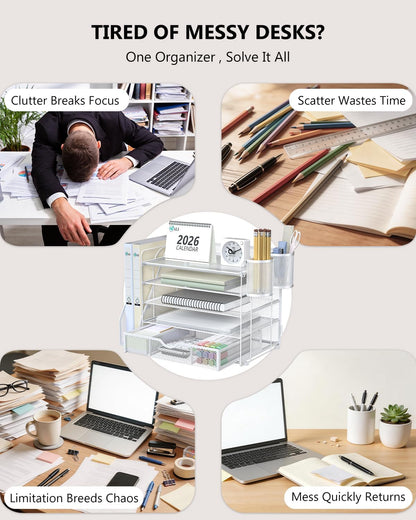 WALI Desk File Organizer, 4 Tier Desktop Paper Letter Tray Organizer with Drawer and 2 Pen Holders, Office Desk Accessories & Workspace Organizers for Office, Home Supplies(DO005DH-B), 1 Pack, Black