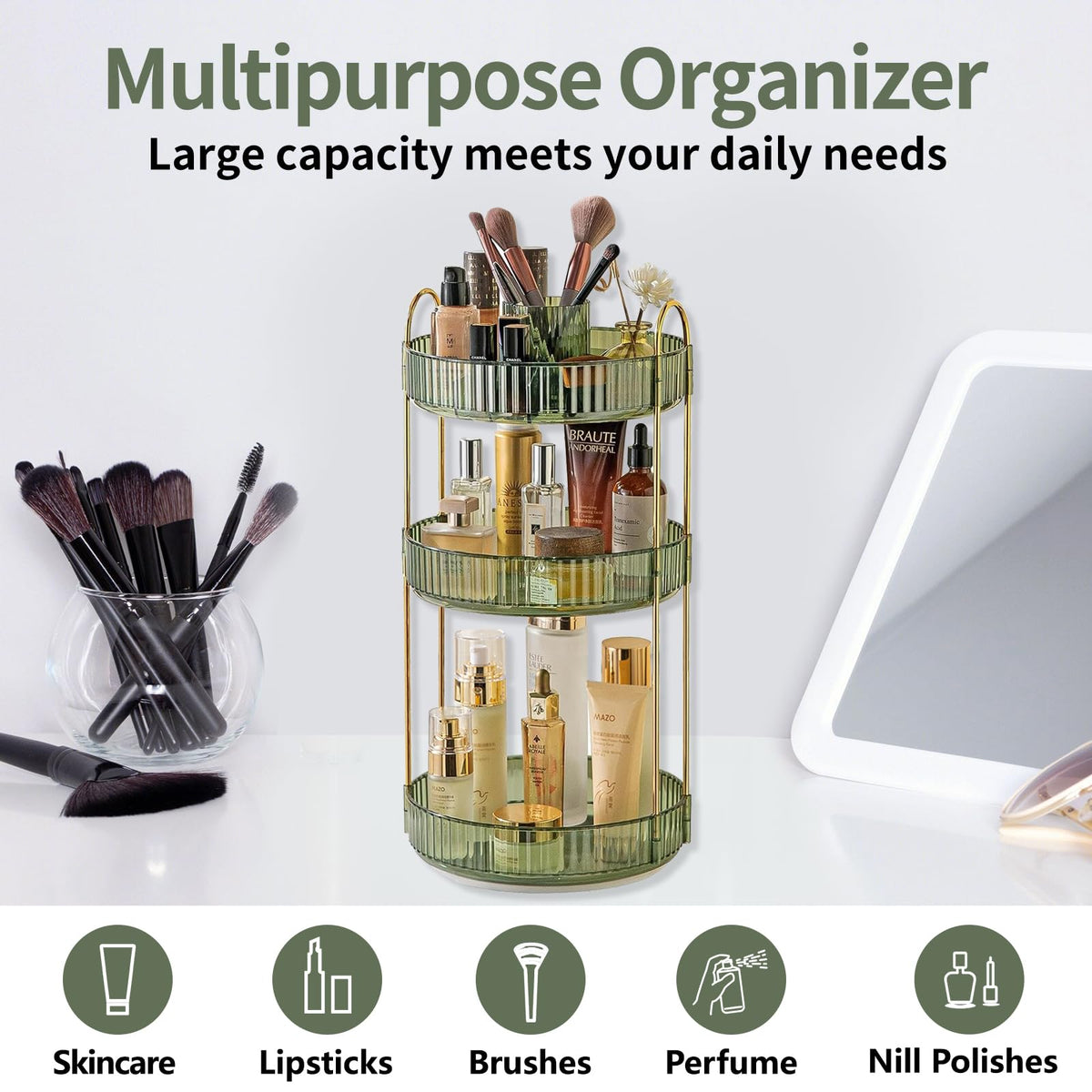 Asayuee 360 Rotating Makeup Organizer for Vanity,2 Tier Large Capacity Skincare Organizers,Bathroom Counter Organizer, Spinning Perfume Organizer & Vanity Organizer (Green-2 Tier)
