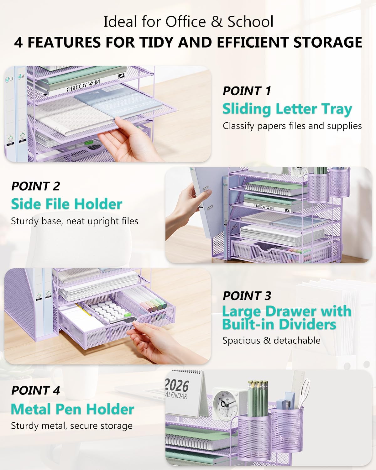 WALI Desk File Organizer, 4 Tier Desktop Paper Letter Tray Organizer with Drawer and 2 Pen Holders, Office Desk Accessories & Workspace Organizers for Office, Home Supplies(DO005DH-B), 1 Pack, Black
