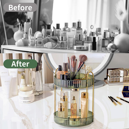 Asayuee 360 Rotating Makeup Organizer for Vanity,2 Tier Large Capacity Skincare Organizers,Bathroom Counter Organizer, Spinning Perfume Organizer & Vanity Organizer (Green-2 Tier)