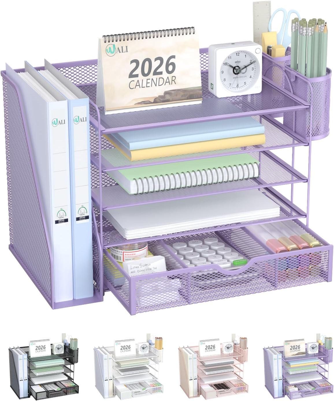 WALI Desk File Organizer, 4 Tier Desktop Paper Letter Tray Organizer with Drawer and 2 Pen Holders, Office Desk Accessories & Workspace Organizers for Office, Home Supplies(DO005DH-B), 1 Pack, Black