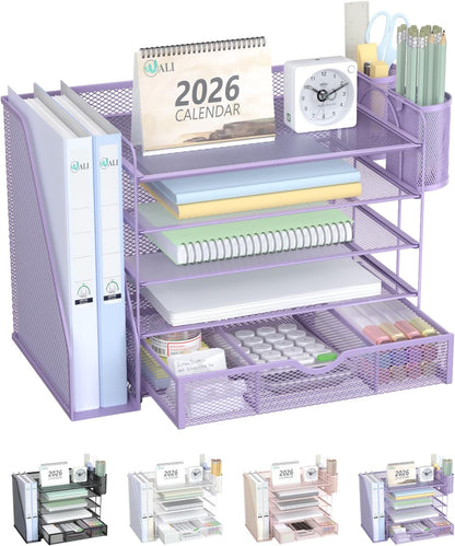 WALI Desk File Organizer, 4 Tier Desktop Paper Letter Tray Organizer with Drawer and 2 Pen Holders, Office Desk Accessories & Workspace Organizers for Office, Home Supplies(DO005DH-B), 1 Pack, Black