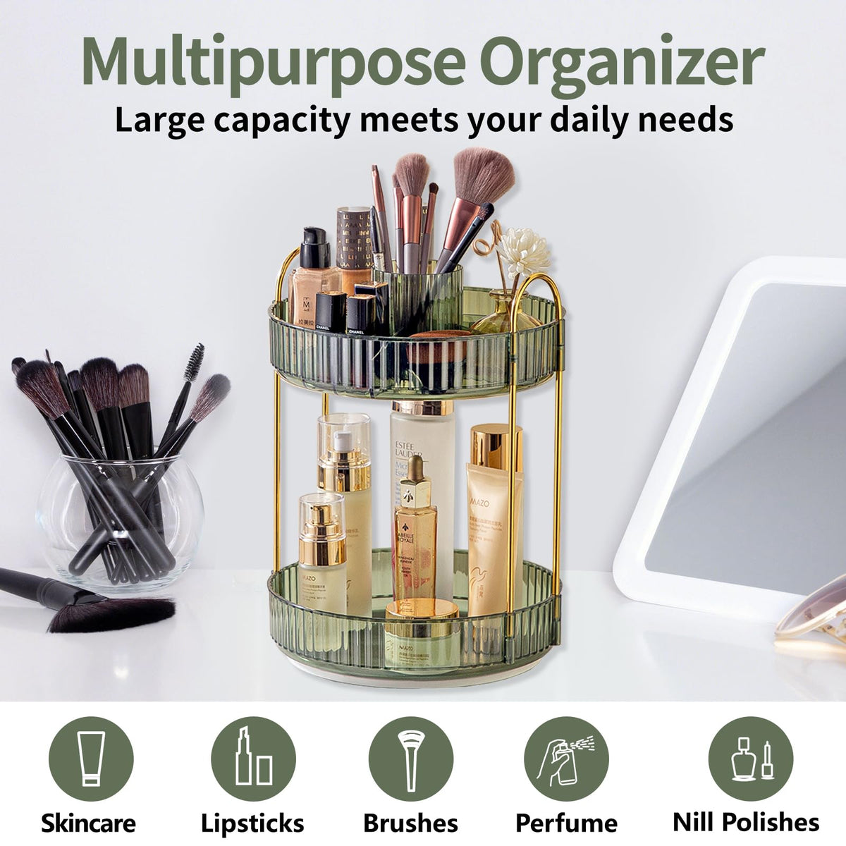 Asayuee 360 Rotating Makeup Organizer for Vanity,2 Tier Large Capacity Skincare Organizers,Bathroom Counter Organizer, Spinning Perfume Organizer & Vanity Organizer (Green-2 Tier)