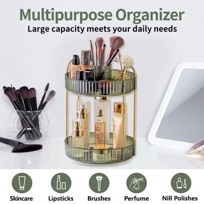Asayuee 360 Rotating Makeup Organizer for Vanity,2 Tier Large Capacity Skincare Organizers,Bathroom Counter Organizer, Spinning Perfume Organizer & Vanity Organizer (Green-2 Tier)