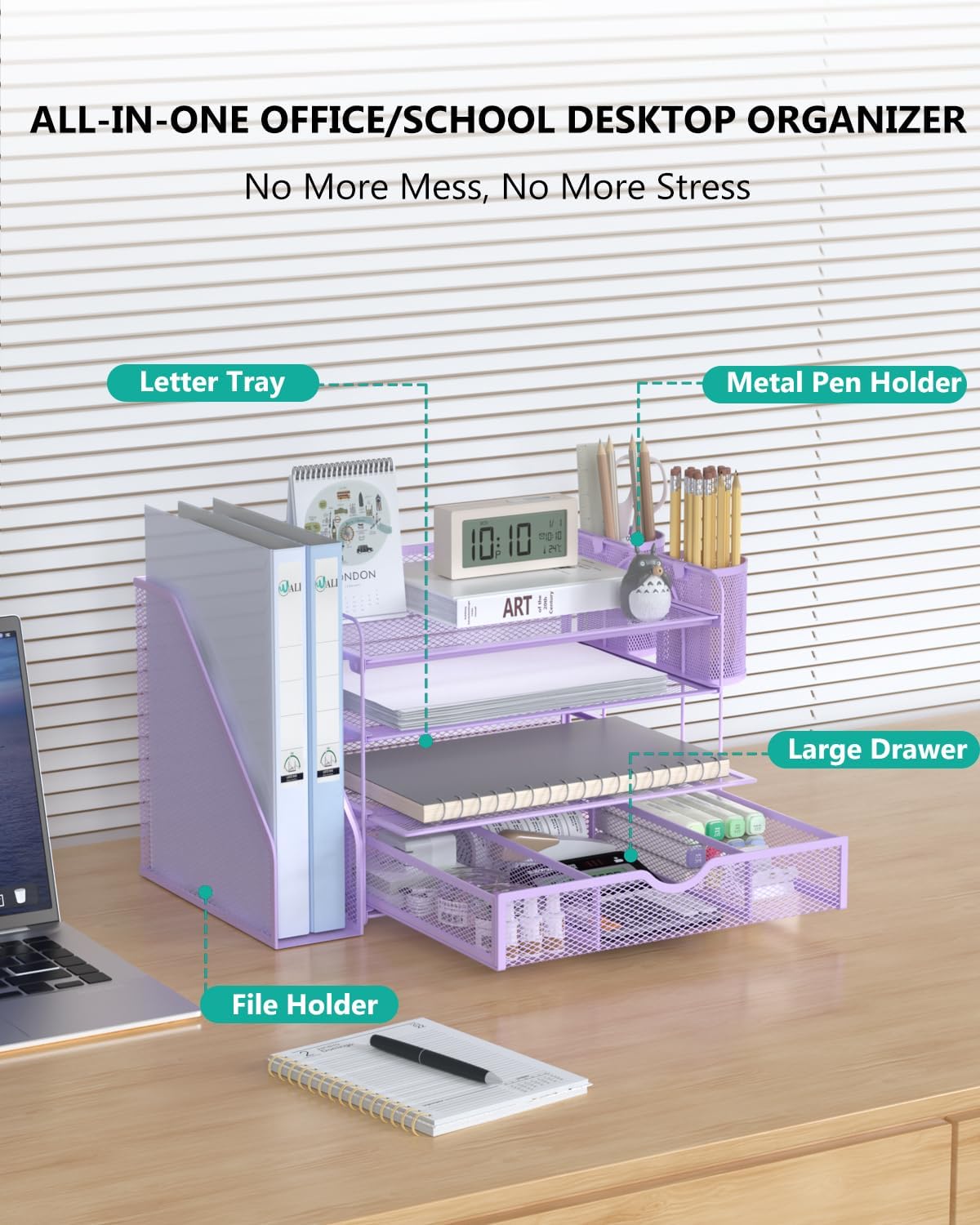 WALI Desk File Organizer, 4 Tier Desktop Paper Letter Tray Organizer with Drawer and 2 Pen Holders, Office Desk Accessories & Workspace Organizers for Office, Home Supplies(DO005DH-B), 1 Pack, Black