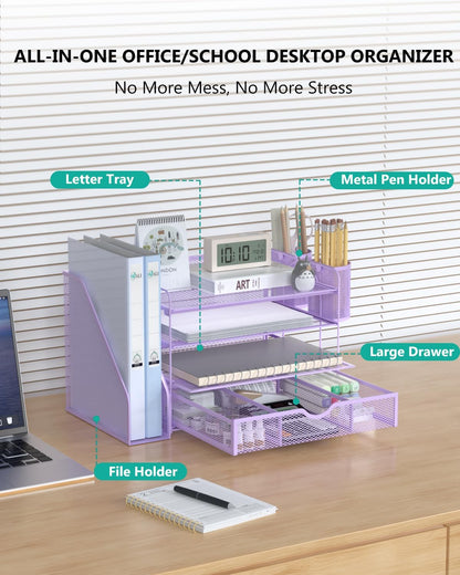 WALI Desk File Organizer, 4 Tier Desktop Paper Letter Tray Organizer with Drawer and 2 Pen Holders, Office Desk Accessories & Workspace Organizers for Office, Home Supplies(DO005DH-B), 1 Pack, Black