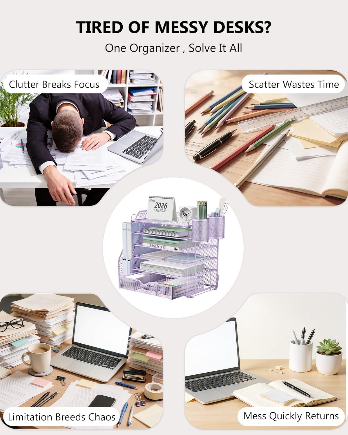 WALI Desk File Organizer, 4 Tier Desktop Paper Letter Tray Organizer with Drawer and 2 Pen Holders, Office Desk Accessories & Workspace Organizers for Office, Home Supplies(DO005DH-B), 1 Pack, Black