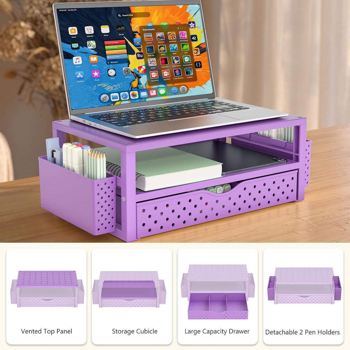 WALI Desk File Organizer, 4 Tier Desktop Paper Letter Tray Organizer with Drawer and 2 Pen Holders, Office Desk Accessories & Workspace Organizers for Office, Home Supplies(DO005DH-B), 1 Pack, Black