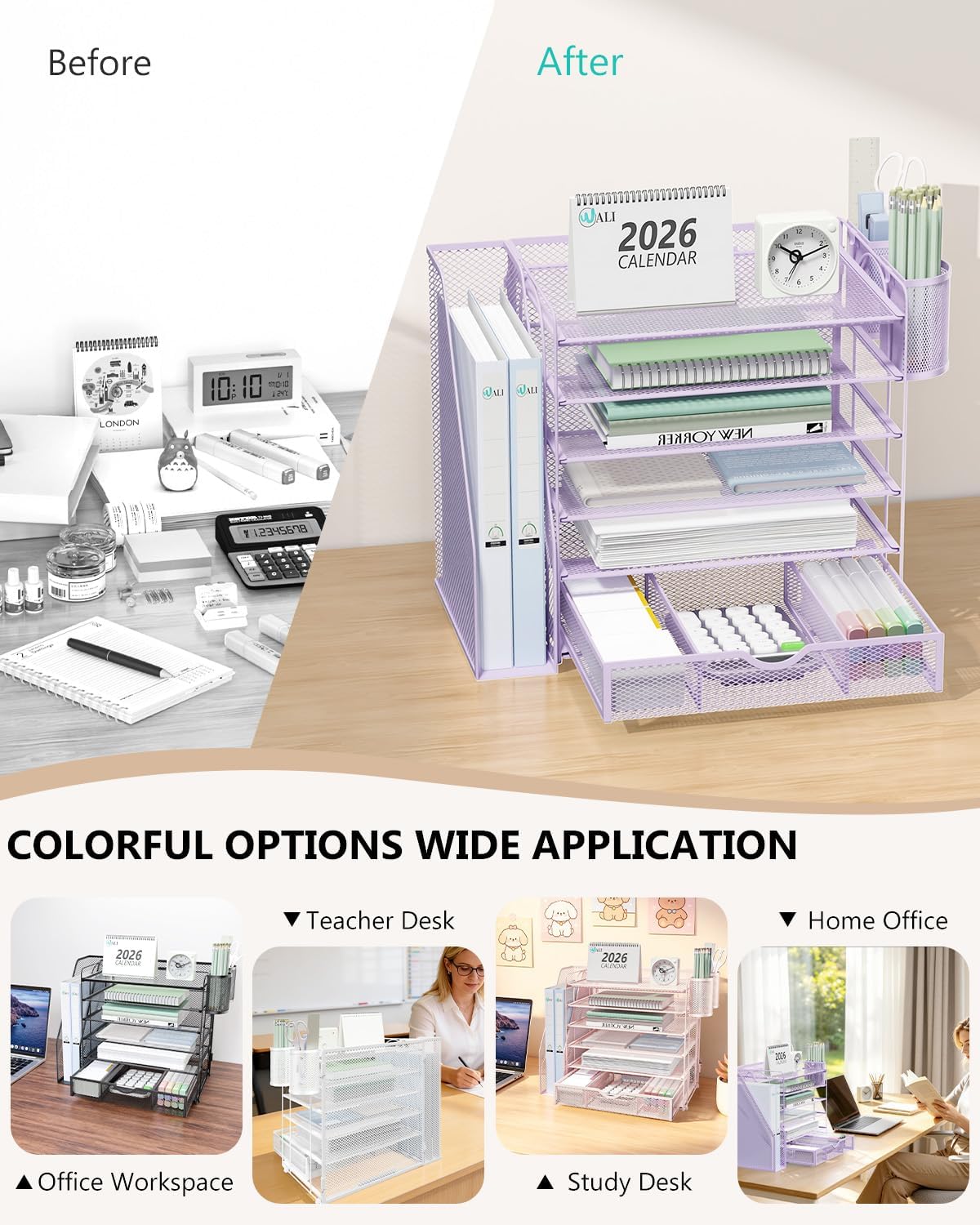 WALI Desk File Organizer, 4 Tier Desktop Paper Letter Tray Organizer with Drawer and 2 Pen Holders, Office Desk Accessories & Workspace Organizers for Office, Home Supplies(DO005DH-B), 1 Pack, Black