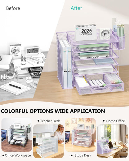 WALI Desk File Organizer, 4 Tier Desktop Paper Letter Tray Organizer with Drawer and 2 Pen Holders, Office Desk Accessories & Workspace Organizers for Office, Home Supplies(DO005DH-B), 1 Pack, Black