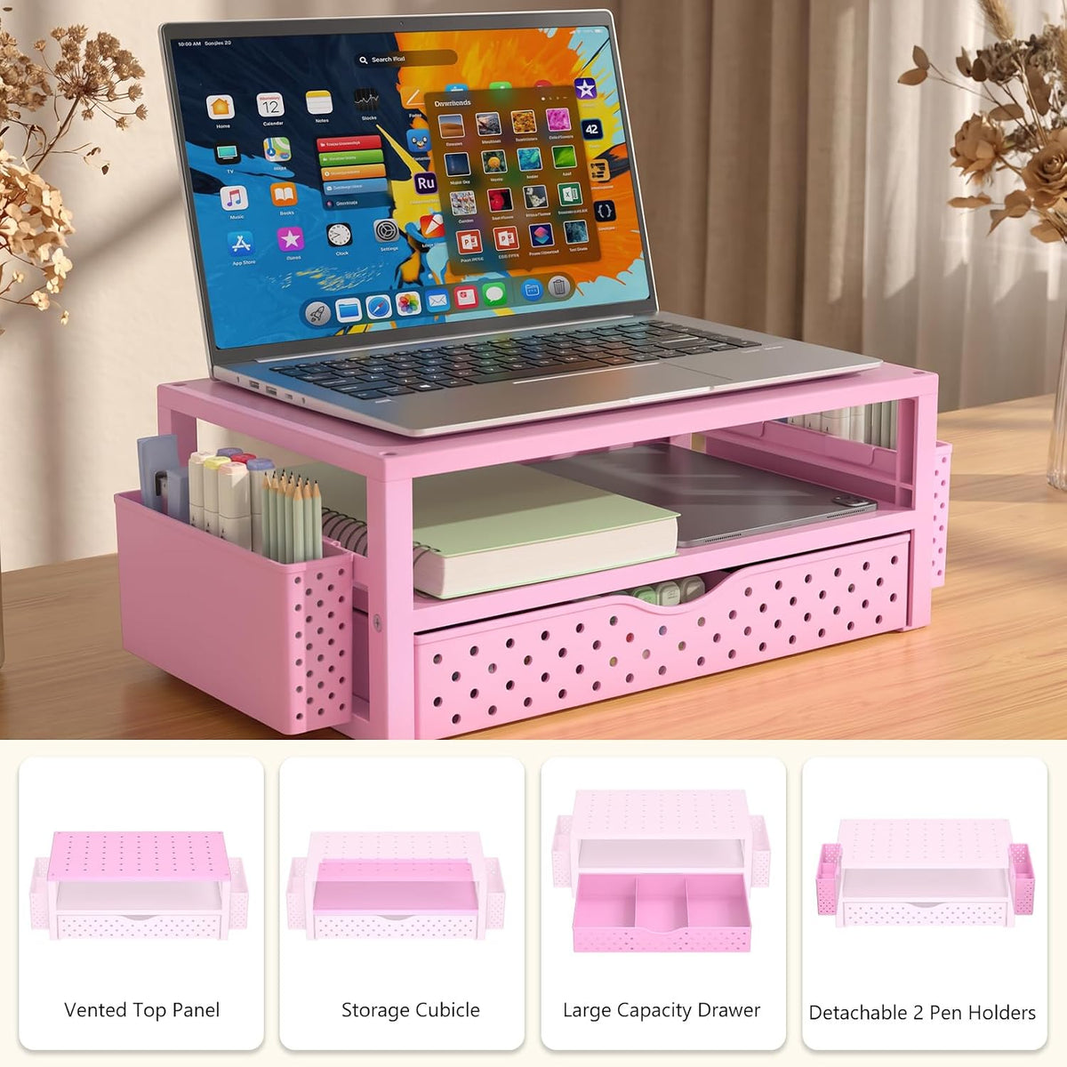WALI Desk File Organizer, 4 Tier Desktop Paper Letter Tray Organizer with Drawer and 2 Pen Holders, Office Desk Accessories & Workspace Organizers for Office, Home Supplies(DO005DH-B), 1 Pack, Black