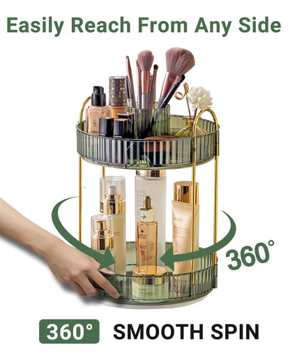 Asayuee 360 Rotating Makeup Organizer for Vanity,2 Tier Large Capacity Skincare Organizers,Bathroom Counter Organizer, Spinning Perfume Organizer & Vanity Organizer (Green-2 Tier)