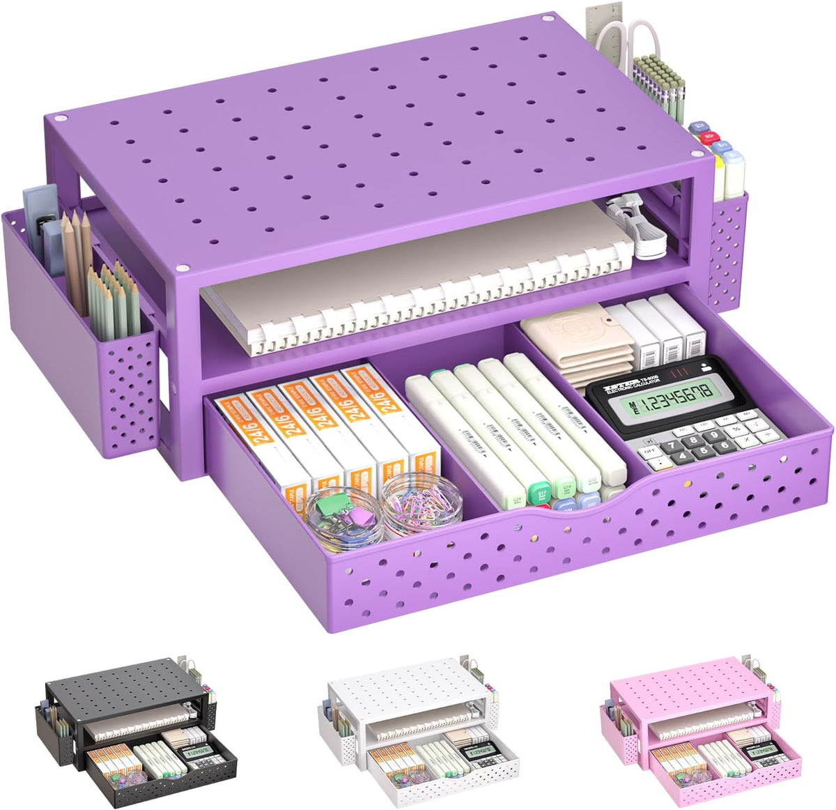 WALI Desk File Organizer, 4 Tier Desktop Paper Letter Tray Organizer with Drawer and 2 Pen Holders, Office Desk Accessories & Workspace Organizers for Office, Home Supplies(DO005DH-B), 1 Pack, Black