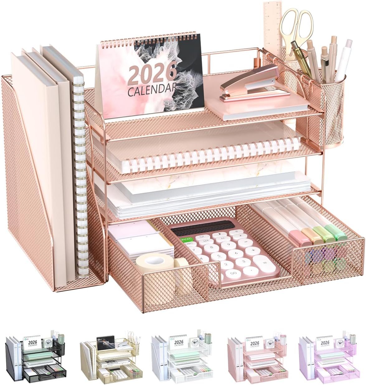 WALI Desk File Organizer, 4 Tier Desktop Paper Letter Tray Organizer with Drawer and 2 Pen Holders, Office Desk Accessories & Workspace Organizers for Office, Home Supplies(DO005DH-B), 1 Pack, Black