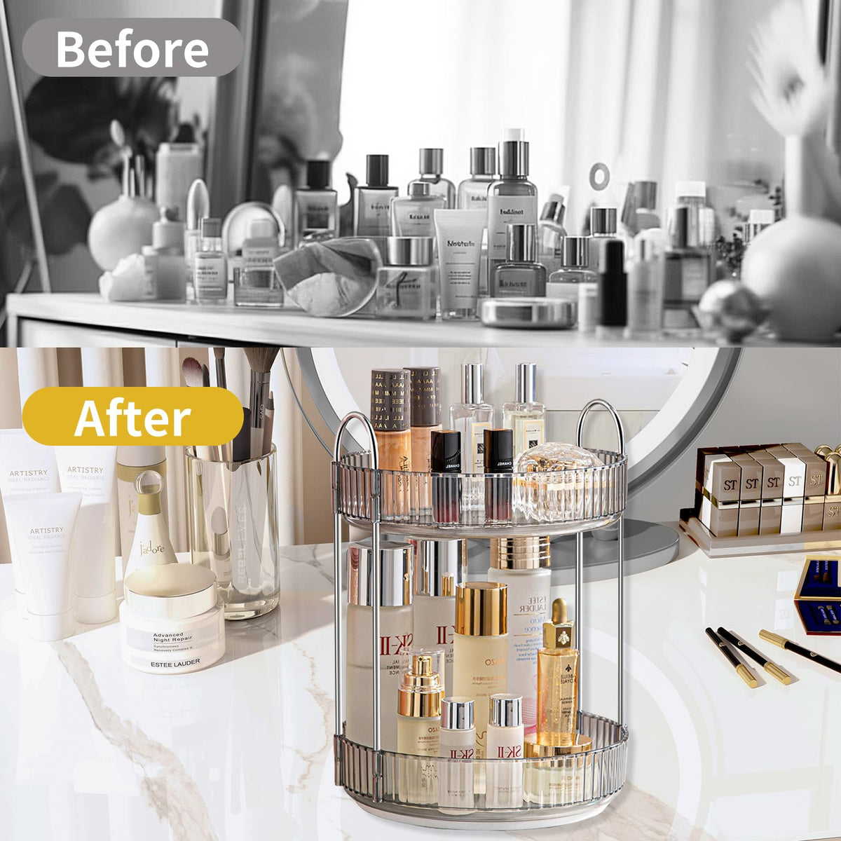 Asayuee 360 Rotating Makeup Organizer for Vanity,2 Tier Large Capacity Skincare Organizers,Bathroom Counter Organizer, Spinning Perfume Organizer & Vanity Organizer (Green-2 Tier)