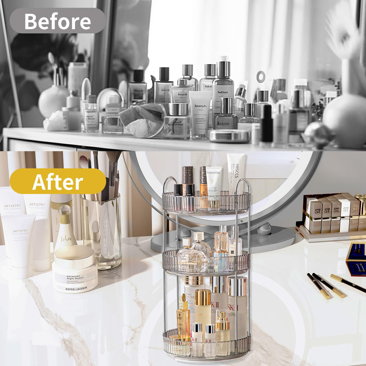 Asayuee 360 Rotating Makeup Organizer for Vanity,2 Tier Large Capacity Skincare Organizers,Bathroom Counter Organizer, Spinning Perfume Organizer & Vanity Organizer (Green-2 Tier)