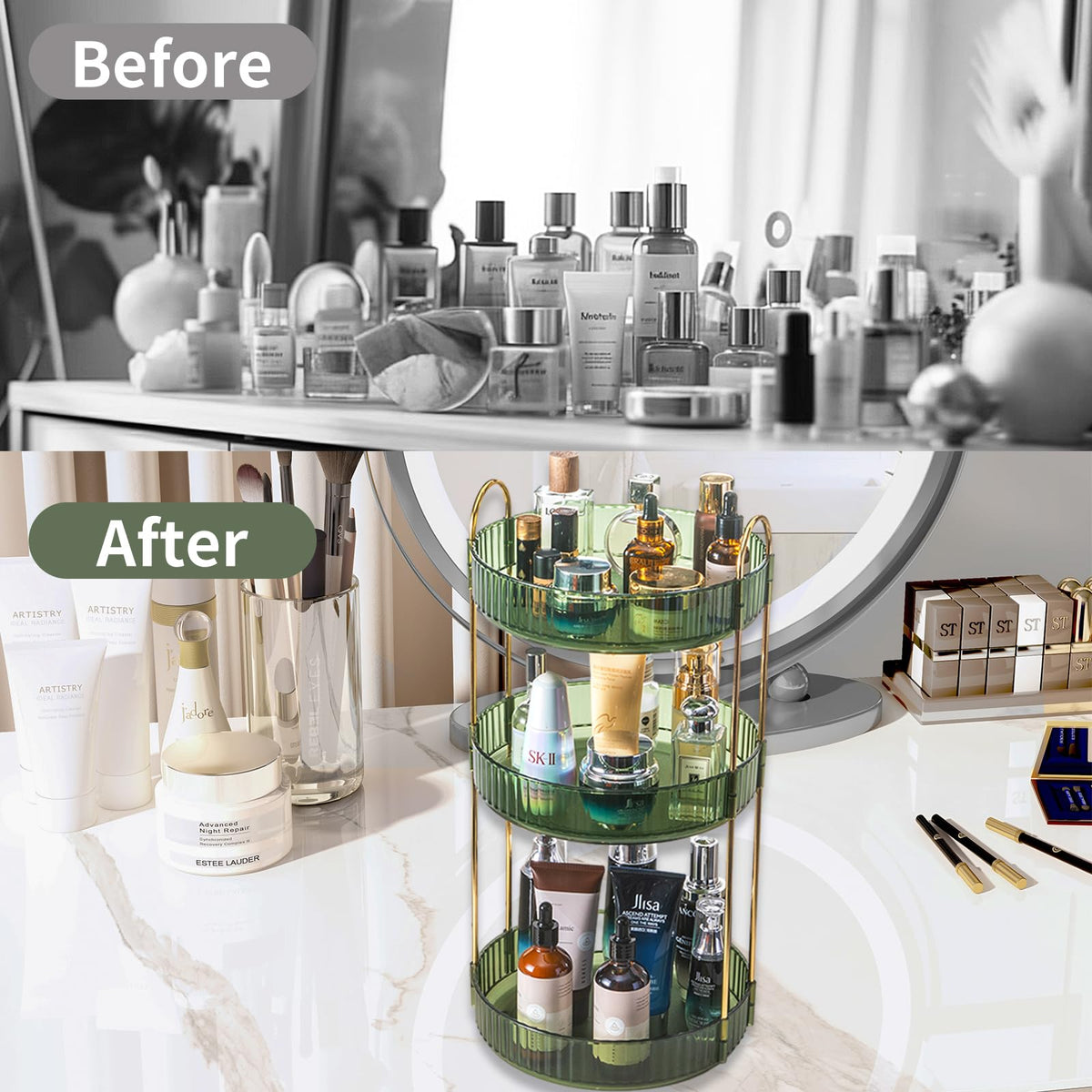 Asayuee 360 Rotating Makeup Organizer for Vanity,2 Tier Large Capacity Skincare Organizers,Bathroom Counter Organizer, Spinning Perfume Organizer & Vanity Organizer (Green-2 Tier)