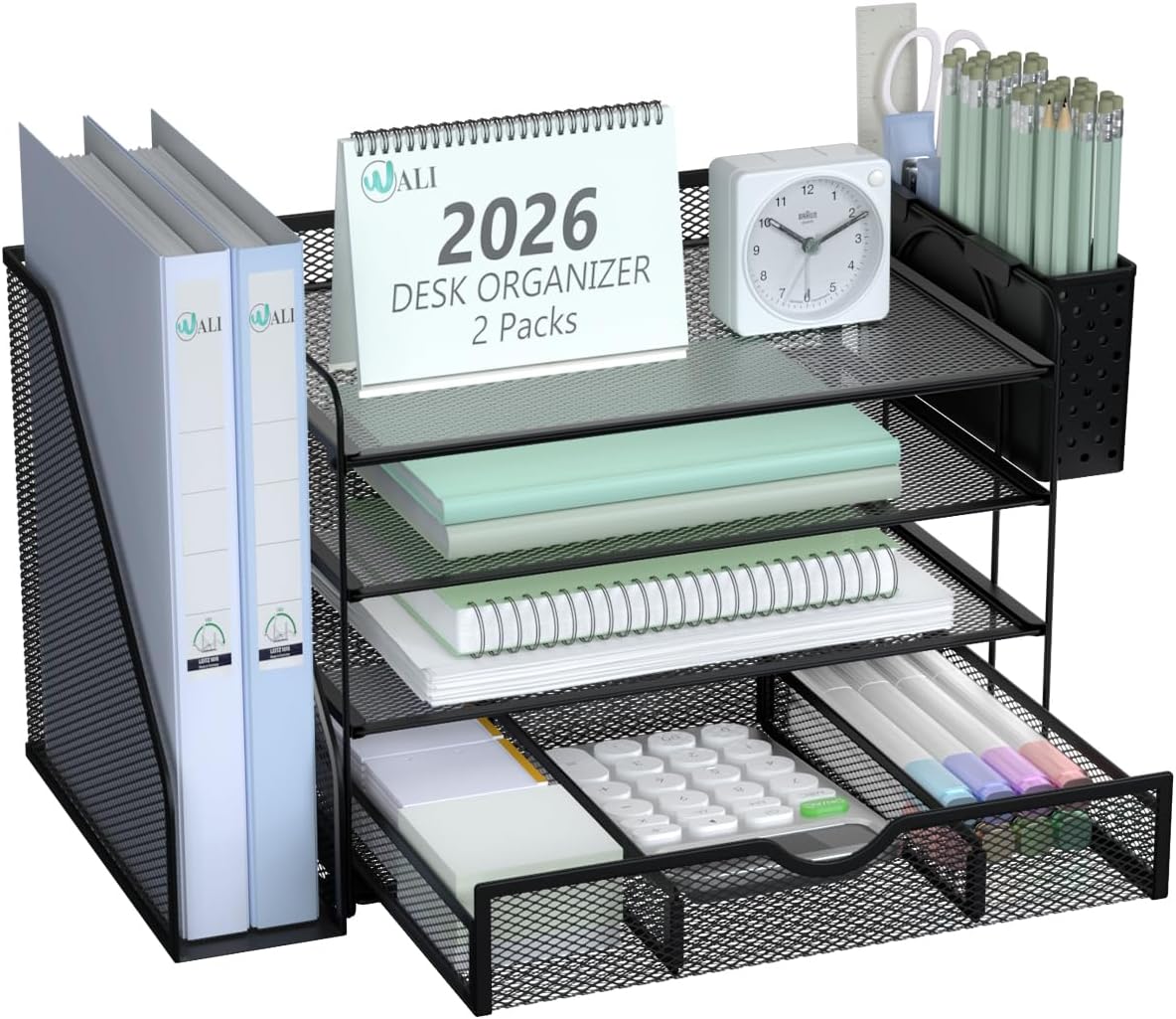 WALI Desk File Organizer, 4 Tier Desktop Paper Letter Tray Organizer with Drawer and 2 Pen Holders, Office Desk Accessories & Workspace Organizers for Office, Home Supplies(DO005DH-B), 1 Pack, Black