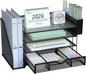 WALI Desk File Organizer, 4 Tier Desktop Paper Letter Tray Organizer with Drawer and 2 Pen Holders, Office Desk Accessories & Workspace Organizers for Office, Home Supplies(DO005DH-B), 1 Pack, Black