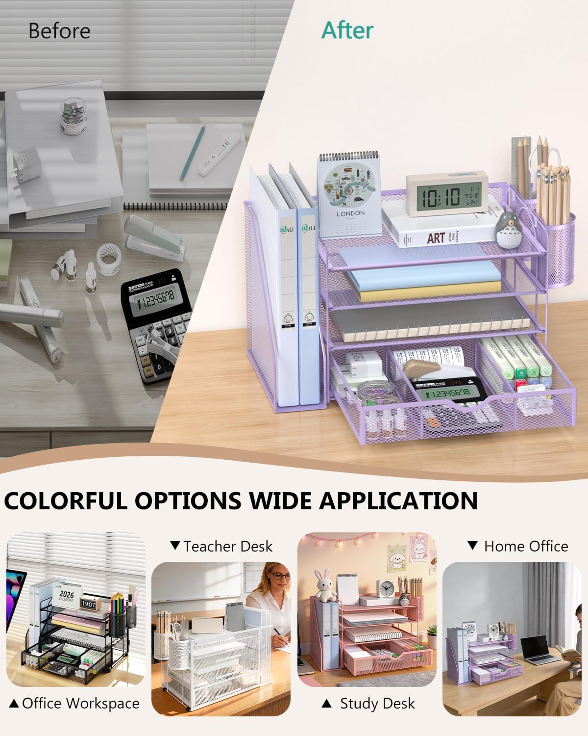 WALI Desk File Organizer, 4 Tier Desktop Paper Letter Tray Organizer with Drawer and 2 Pen Holders, Office Desk Accessories & Workspace Organizers for Office, Home Supplies(DO005DH-B), 1 Pack, Black