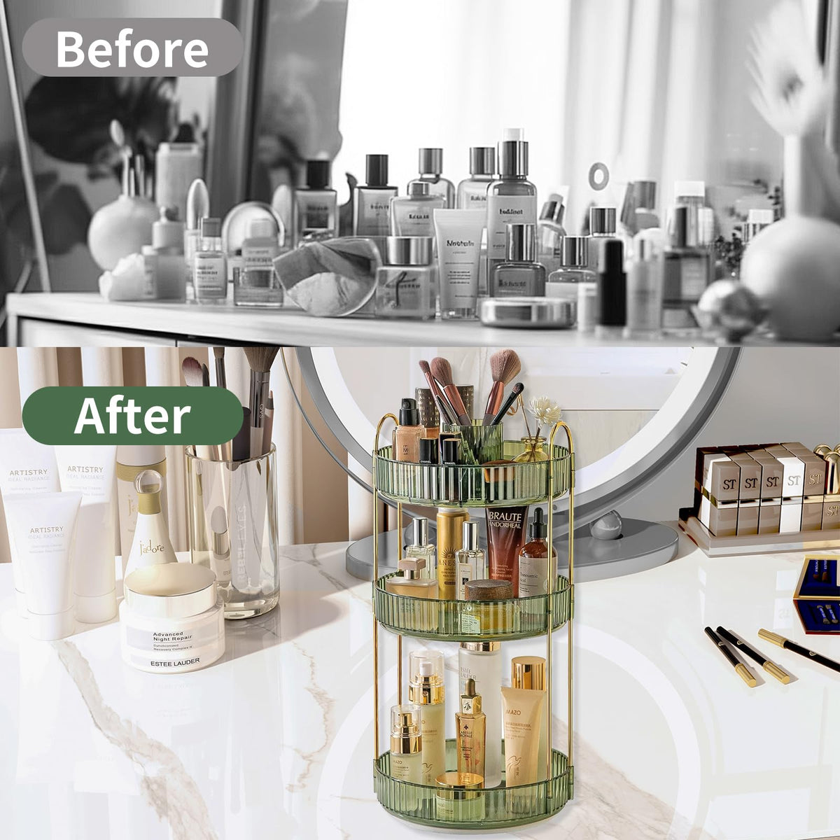 Asayuee 360 Rotating Makeup Organizer for Vanity,2 Tier Large Capacity Skincare Organizers,Bathroom Counter Organizer, Spinning Perfume Organizer & Vanity Organizer (Green-2 Tier)